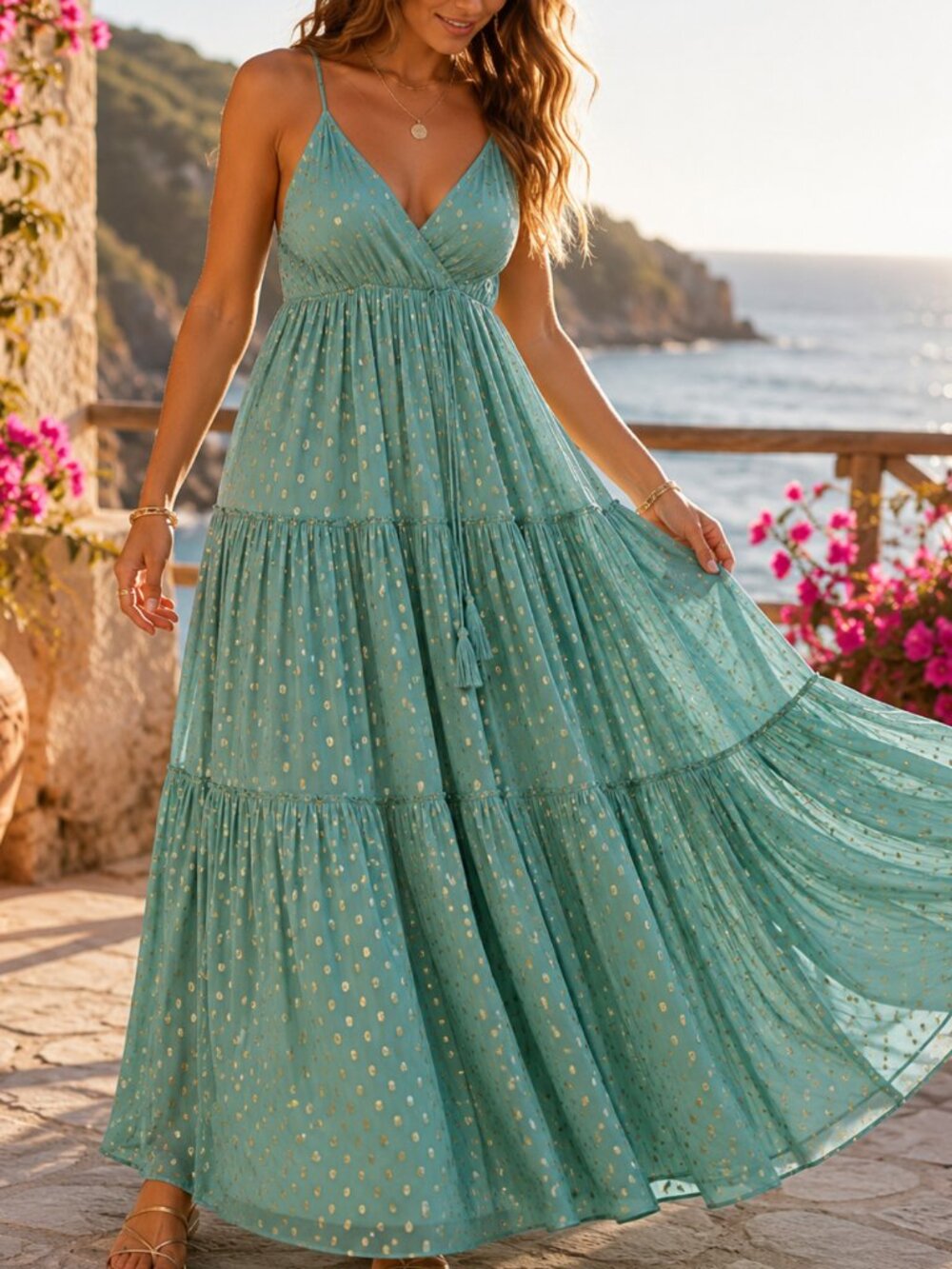 En Creme Mint Green Metallic Dot Tiered Maxi Dress S Boho Festival Coastal EUC